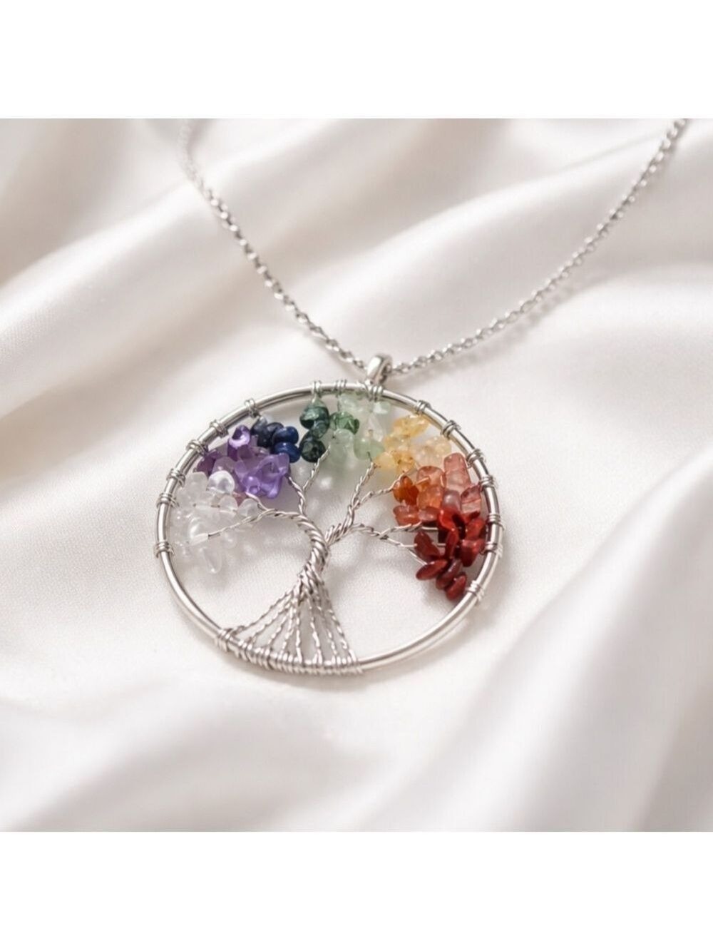 Tree of Life Rainbow Gemstone Pendant Necklace | 7 Chakra Crystal | Silver Tone